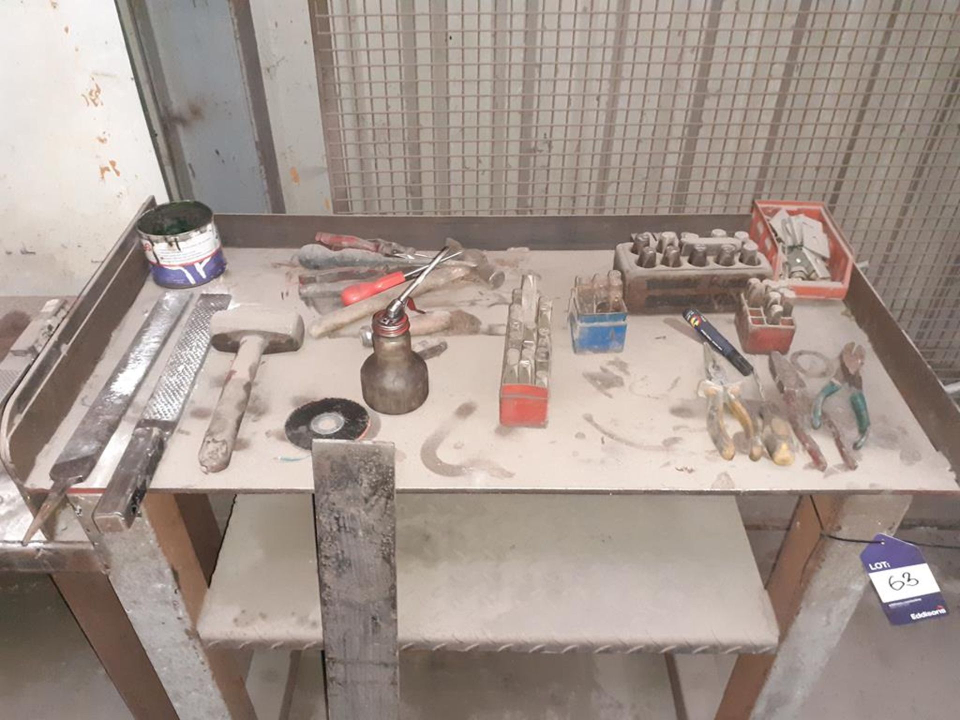 Steel fabricated work bench with various engineering tools and stamp. This lot is Buyer to Remove. - Image 2 of 2