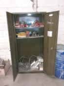 Double door steel cabinet and contents to include gas regulators, universal conduit, metal wire etc.