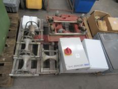 Pallet of dollys, pipe reels, electrical boxes etc.