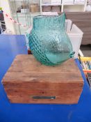 Miscellaneous items including two wooden boxes, glass fish, tins etc.