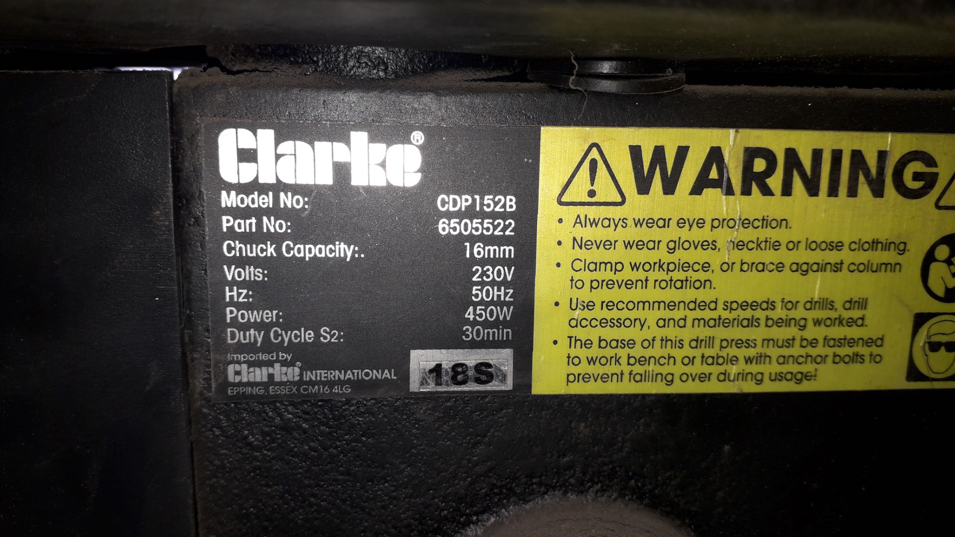 Clarke CDP1528 Bench Top Drill Press 240v - Image 3 of 3