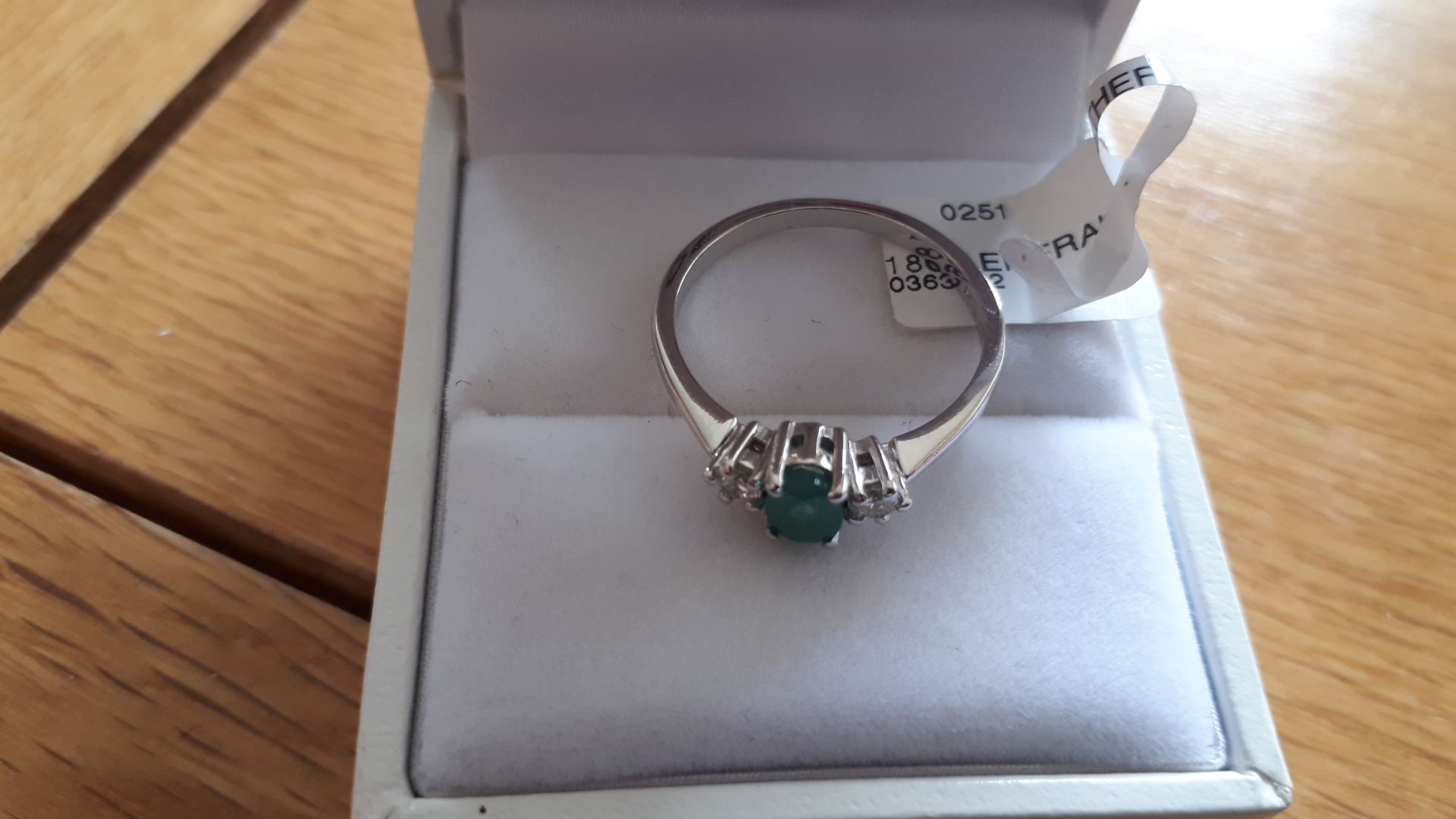 18CT WG Oval emerald diamond 3 stone ring, size = O, RRP £910 Viewing Strictly by appointment only - Image 3 of 3