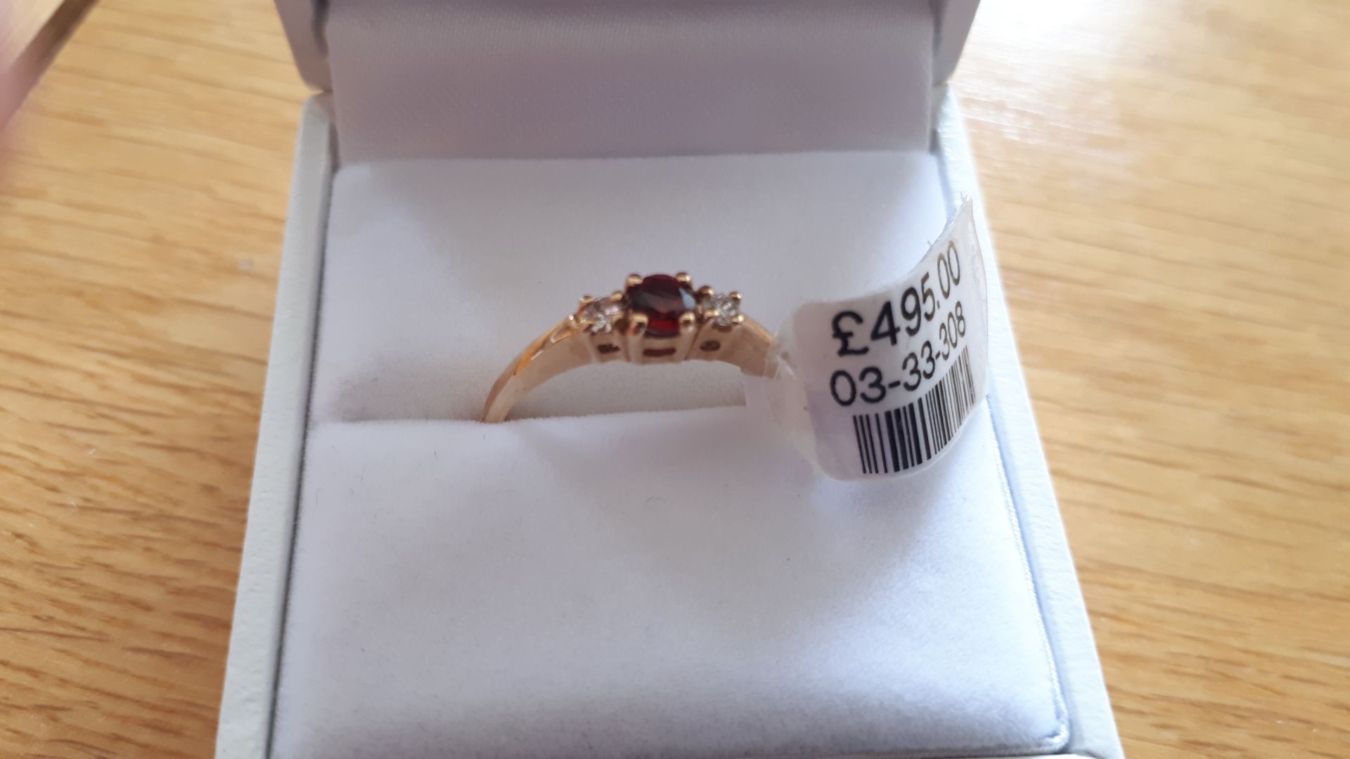 Yellow Gold garnet / diamond 3 stone band, Size = P, RRP £495 Viewing Strictly by appointment only - Image 2 of 3