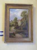 Artwork - oil on canvas depicting lady standing in a stream signed …. In decorative wood frame