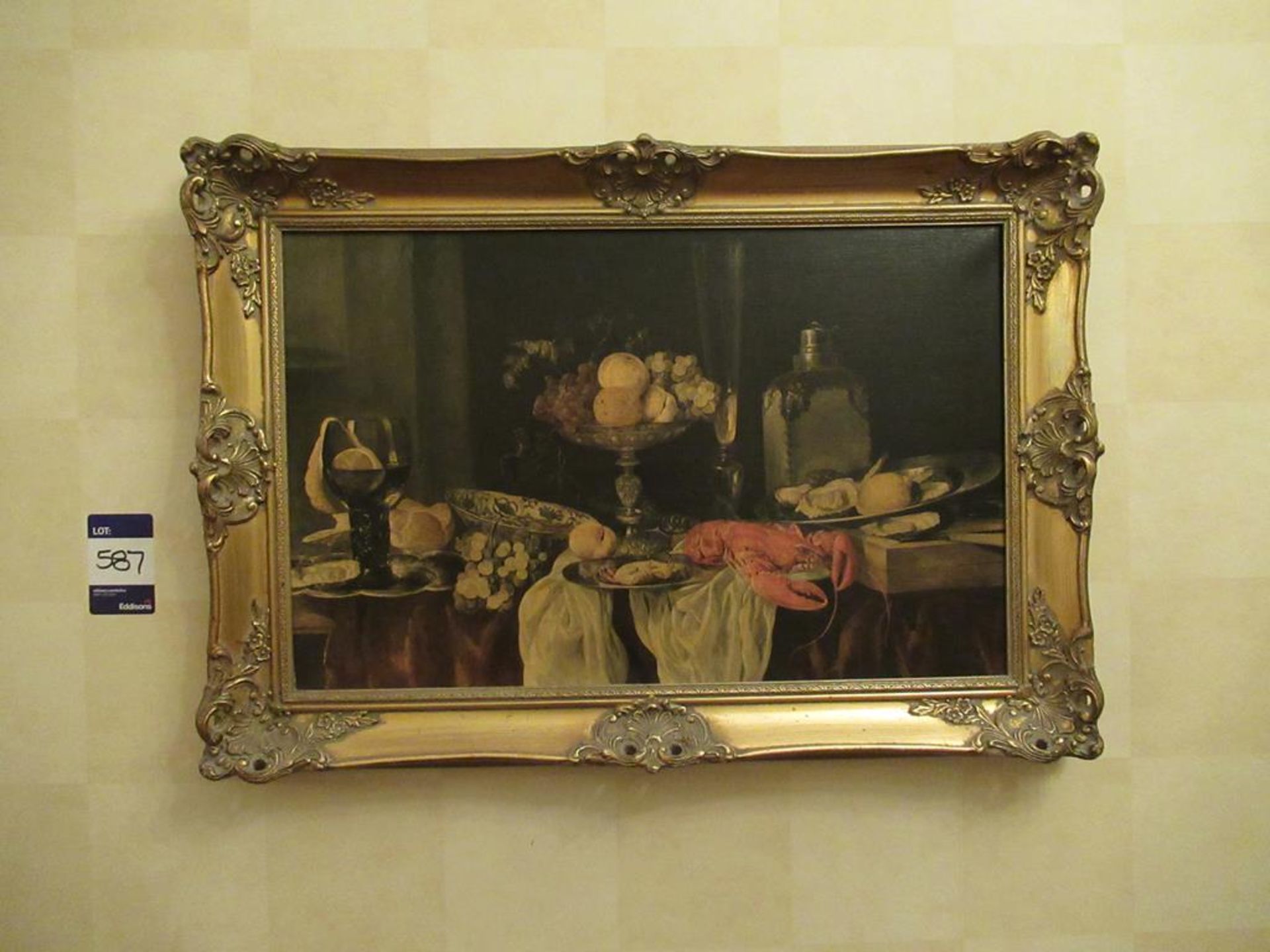 Artwork depicting Fruit & Lobster in gilded frame - varnished print