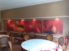 Contemporary Art Work to wall comprising 4 canvases Overall length approx 5m with ornate vase and dr