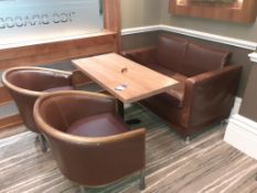 Oak effect Rectangular Dining Table with 2 x Brown Leather Tub Chairs and 2 Seater Brown Leather Sof