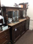 Dark Oak effect 3 drawer/4 cupboard heavily carved Kitchen Dresser and contents