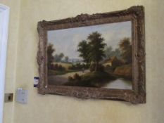 Artwork - oil on canvas depicting man in country lane with pond signed C Calmart in decorative frame