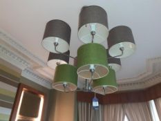 Contemporary 9 shade suspended Ceiling Light fitting (6 grey and 3 green fabric shades)