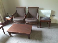 2 x Grey Fabric Wooden Framed Arm Chairs, Dark Oak effect Rectangular Coffee Table and 2 x Matching