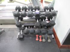 16 sets of rubber coated dumb bells on 3 tier stand 10kg-30kg