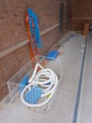Various pool cleaning equipment and ropes etc with basket