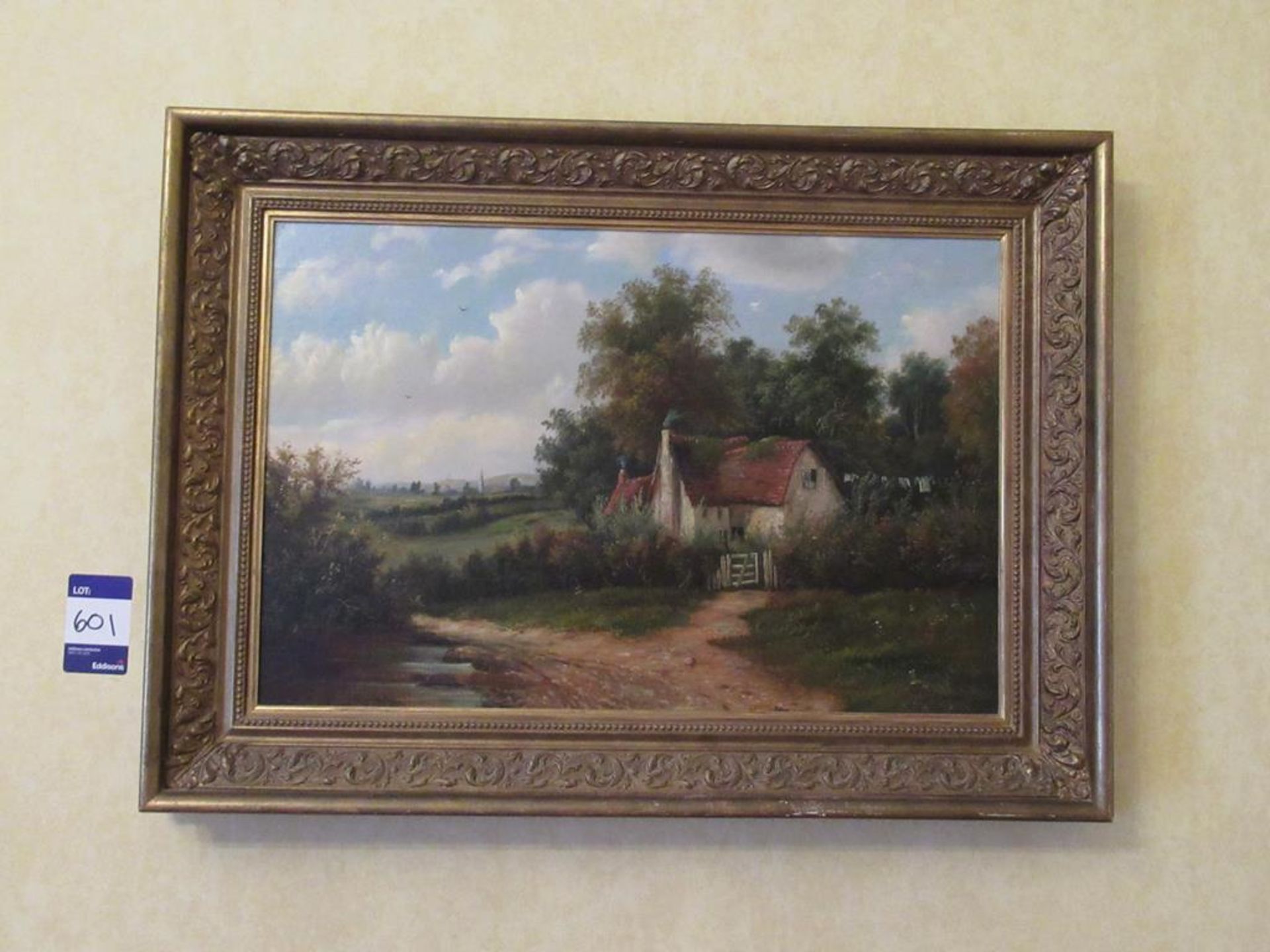 Artwork - oil on canvas depicting country cottage with washing signed …. In gilded frame