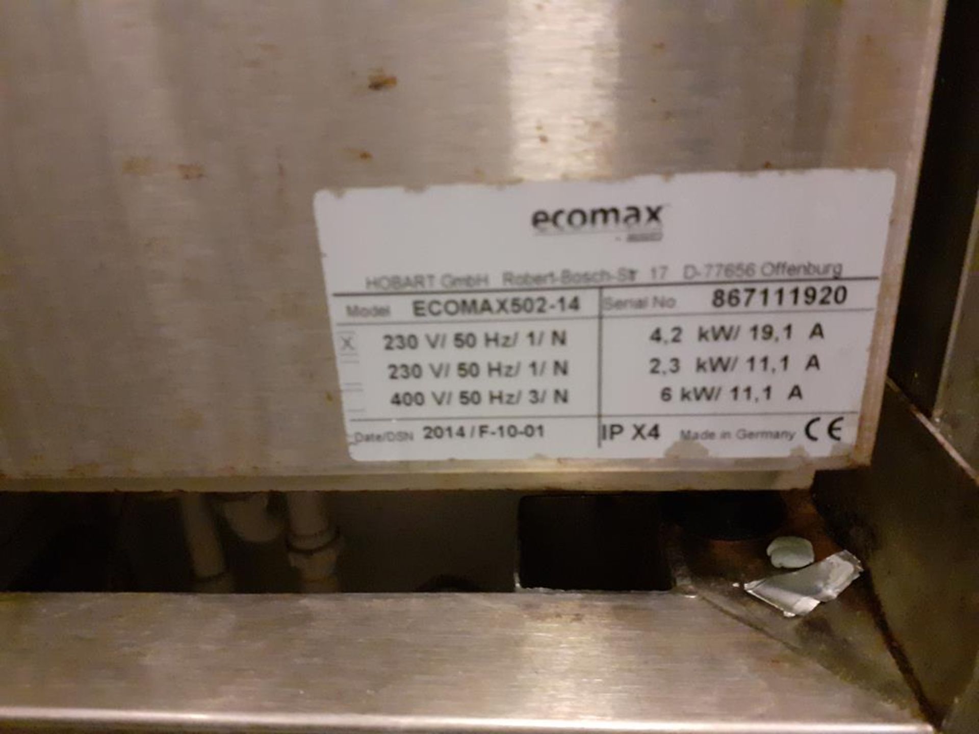 Hobart Ecomax 502-14 YOM 2014, S/N 86711920 Industrial Dishwasher and Stainless Steel 4 tier Shelvin - Image 3 of 4
