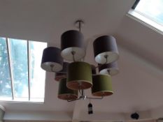 Contemporary 9 shade suspended Ceiling Light fitting (6 grey and 3 green fabric shades)