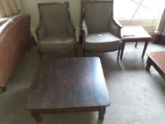 2 x Grey Fabric Wooden Framed Arm Chairs, Dark Oaf effect Square Coffee Table and Dark Oak effect La