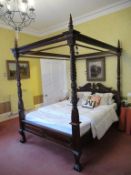 Ornate mahogany heavily carved 4 poster bed with mattress, cushions and bedding