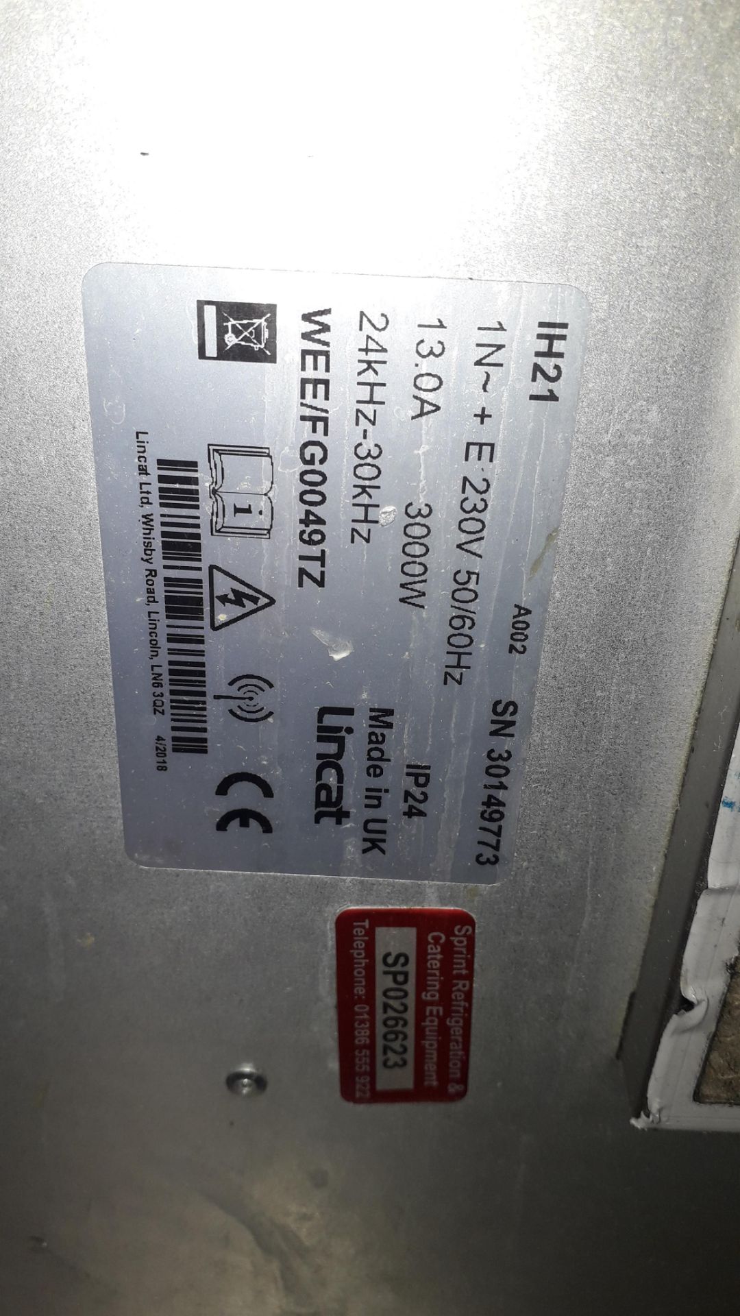 Lincat IH21 A002 Electric Induction Hob Serial Num - Image 3 of 3