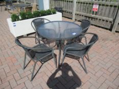 Metal Framed Circular Glass Top Garden Table and 4 x Matching Garden Chairs