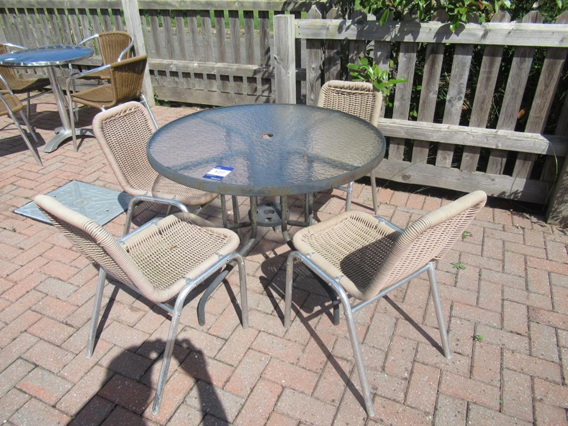 Metal Framed Circular Glass Top Garden Table and 4 x Matching Metal Framed Garden Chairs