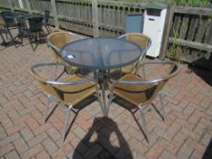 Metal Framed Circular Glass Top Garden Table and 4 x Matching Metal Framed Garden Chairs