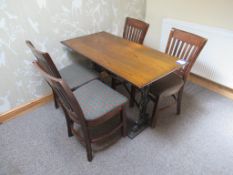 4 x Matching Wooden Framed Fabric Chairs and Dark Oak Effect Wooden Top Dining Table