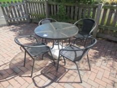 Metal Framed Circular Glass Top Garden Table and 4 x Matching Garden Chairs