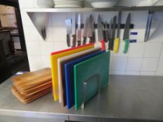 Qty of kitchen knives and chop boards with stand