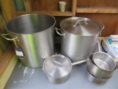 2 x Genware stainless stock pots and 4 x saucepans