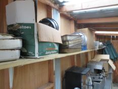 Contents of shelf - Qty of stainless steel cookware, Heinz sauce caddies etc.