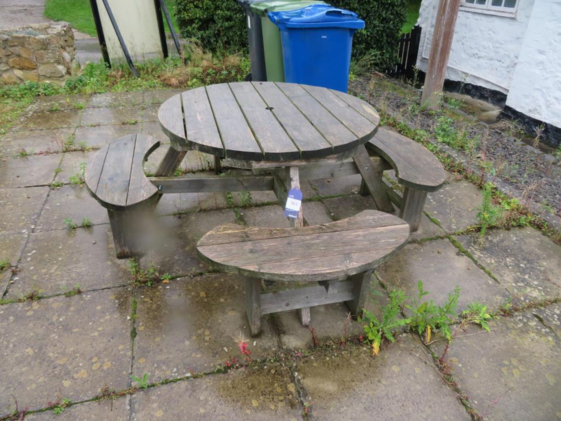 2 x round wooden garden bench tables