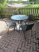 Metal Framed Circular Glass Top Garden Table and 4 x Matching Garden Chairs