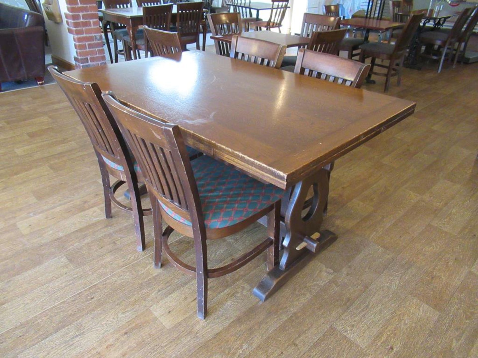 4 x Matching Wooden Framed Fabric Chairs and Dark Oak Effect Rectangular Wooden Top Dining Table