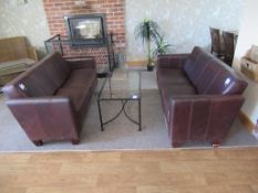2 x Matching Leather Effect Two Seater Sofas and Metal Framed Glass Top Coffee Table