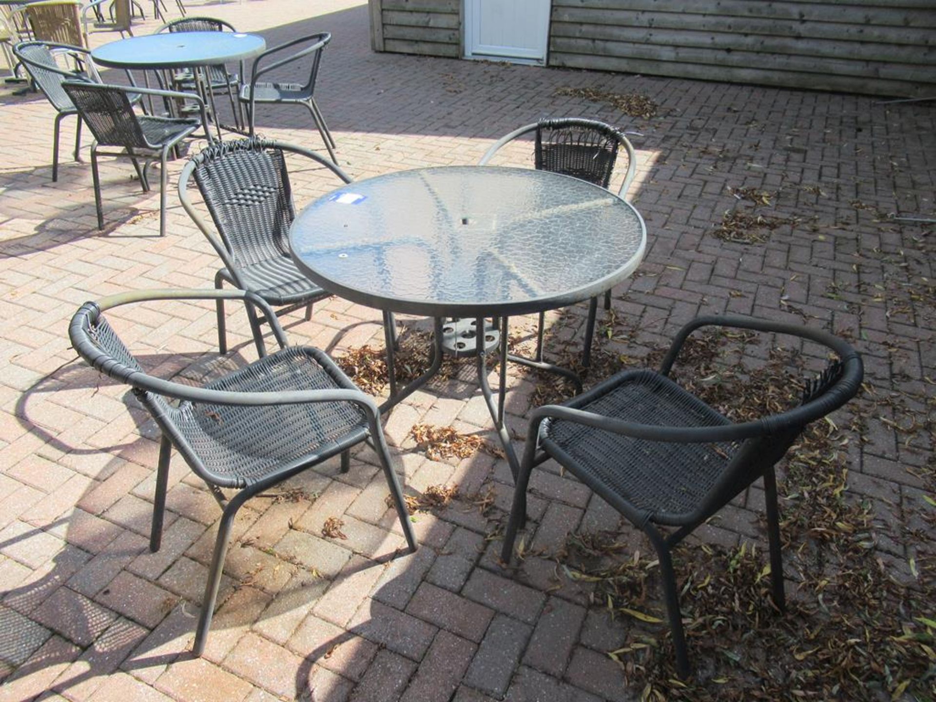 Metal Framed Circular Glass Top Garden Table and 4 x Matching Metal Framed Garden Chairs