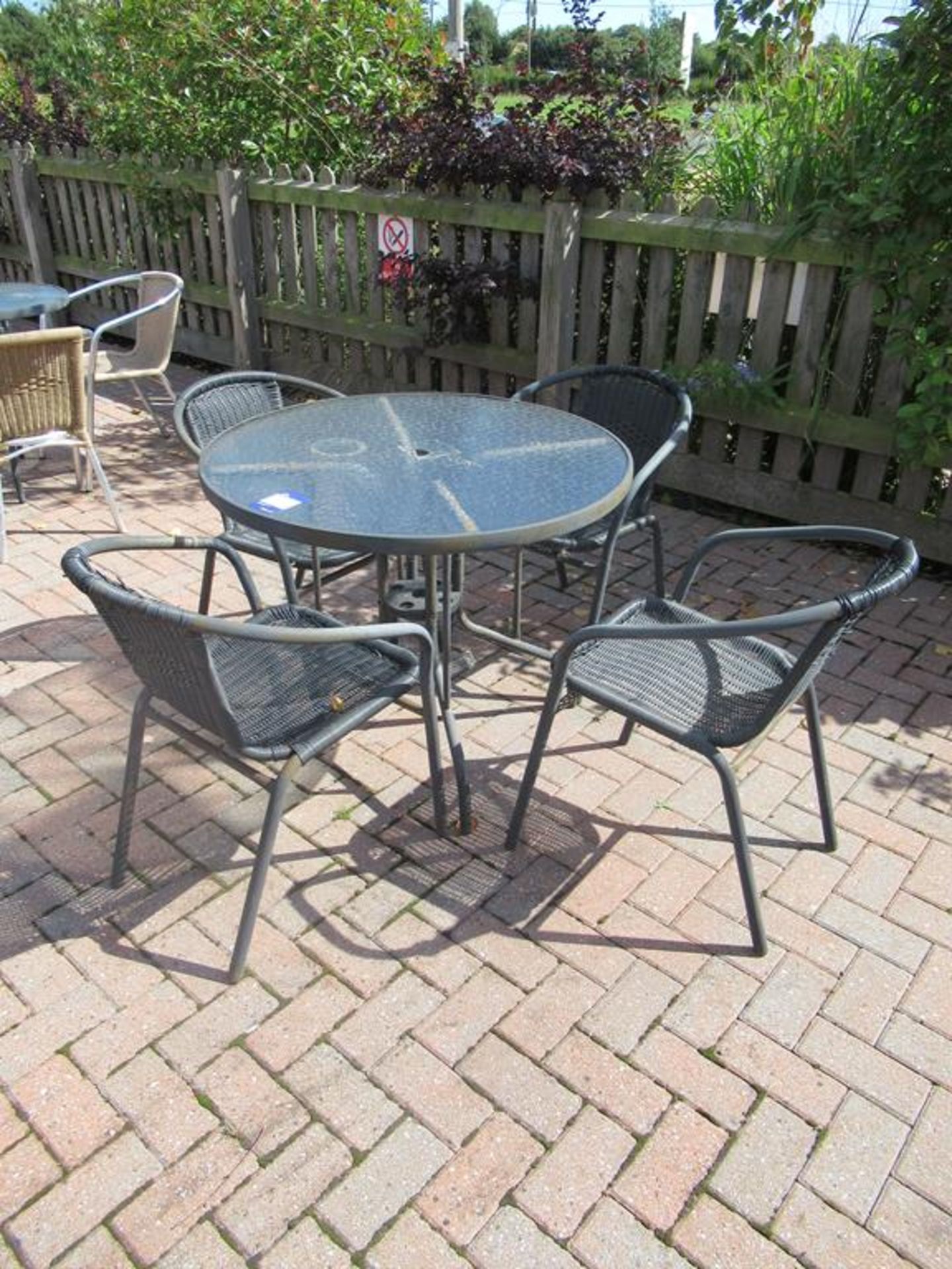 Metal Framed Circular Glass Top Garden Table and 4 x Matching Garden Chairs