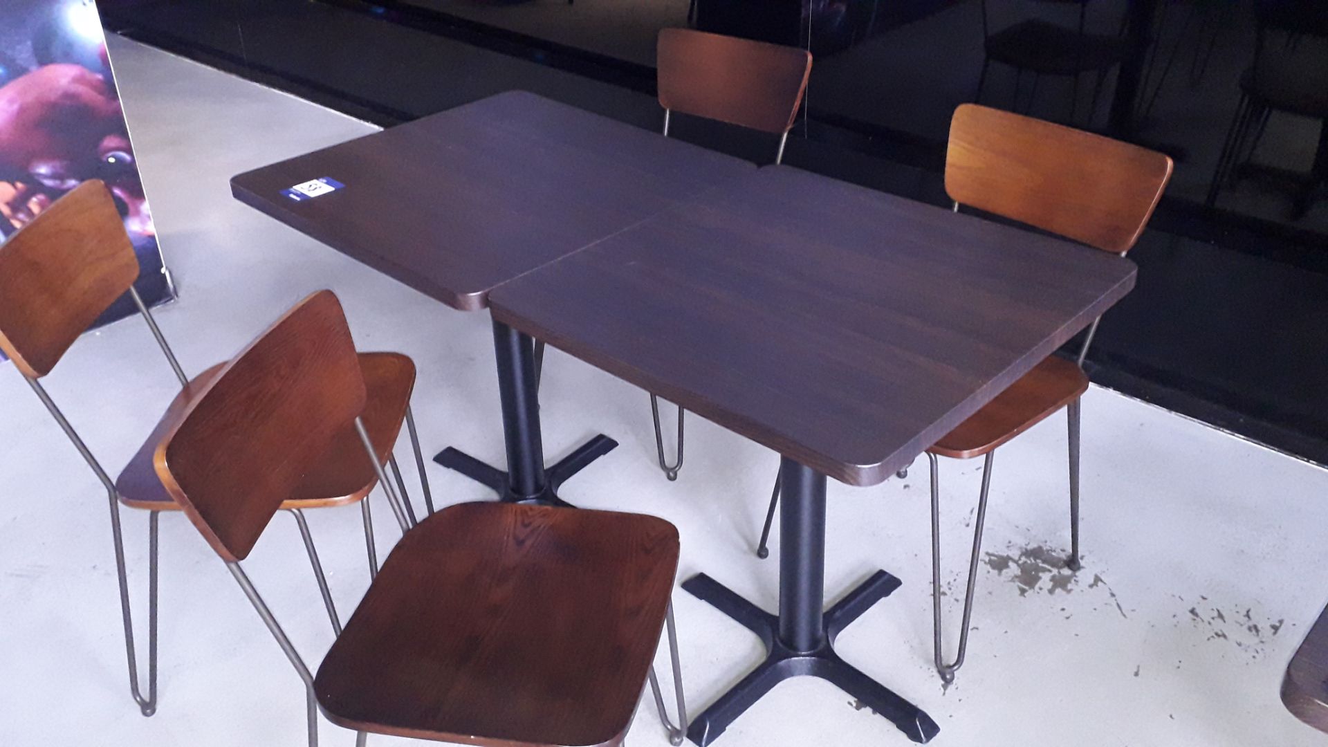 Two Oak Effect Pedestal Tables 700mm with 4 Steel Framed Chairs – Located 85 Scoresby Street,