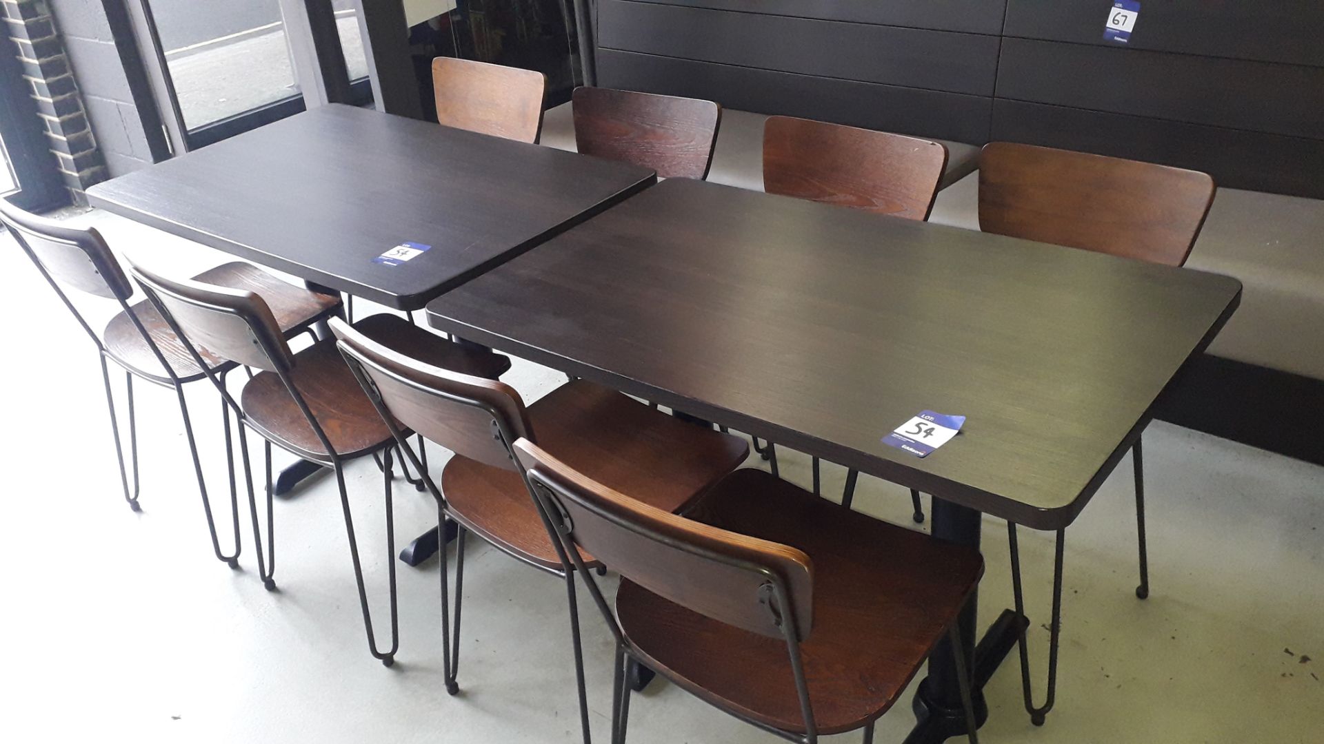 Two Oak Effect Twin Pedestal Tables 1,100mm with 8 Steel Framed Chairs – Located 85 Scoresby Street,