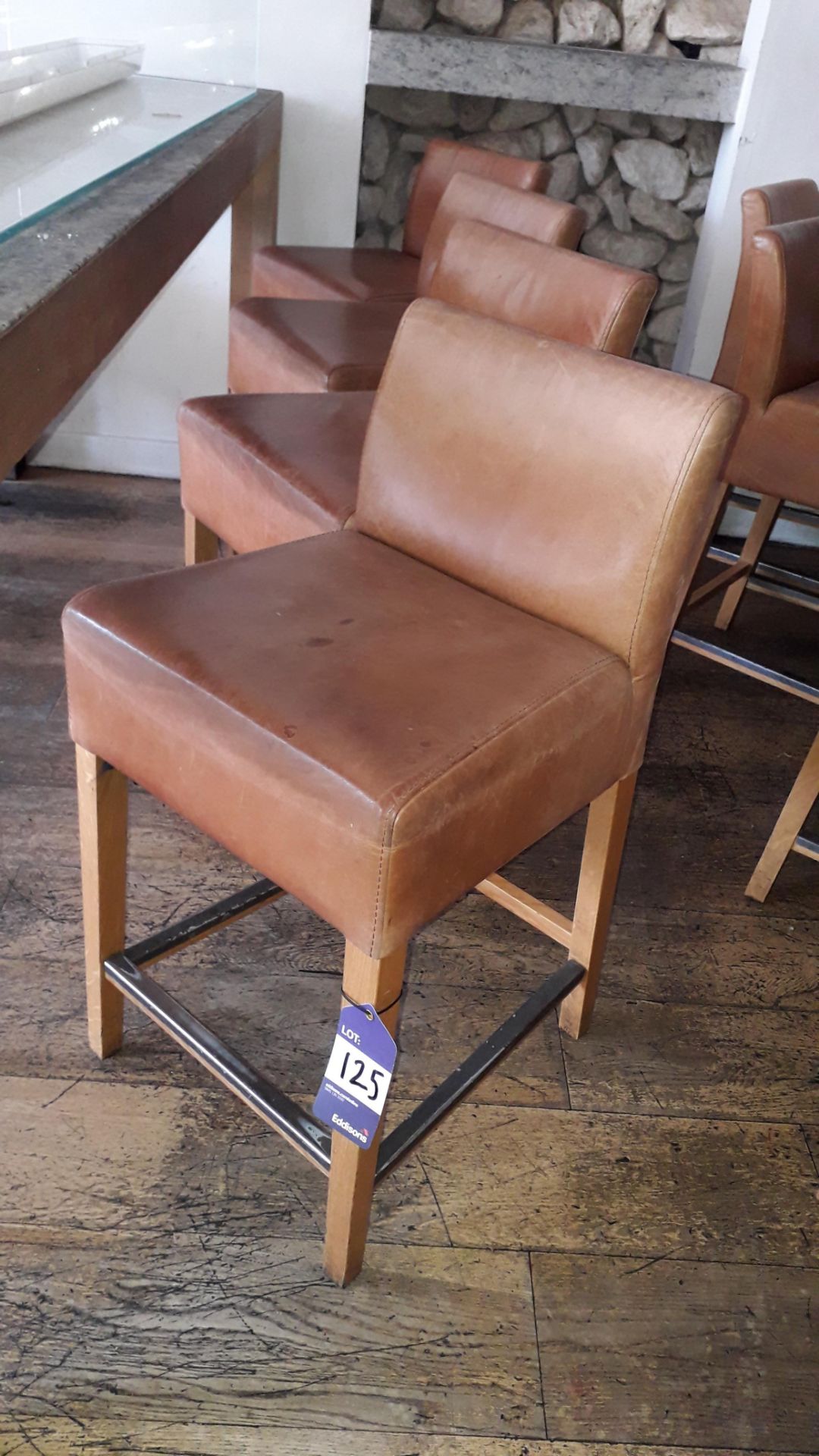 Four Oak Framed Tan Leather Upholstered Stools – Located Vivo, 57-58 Upper Street, London, N1 0NY