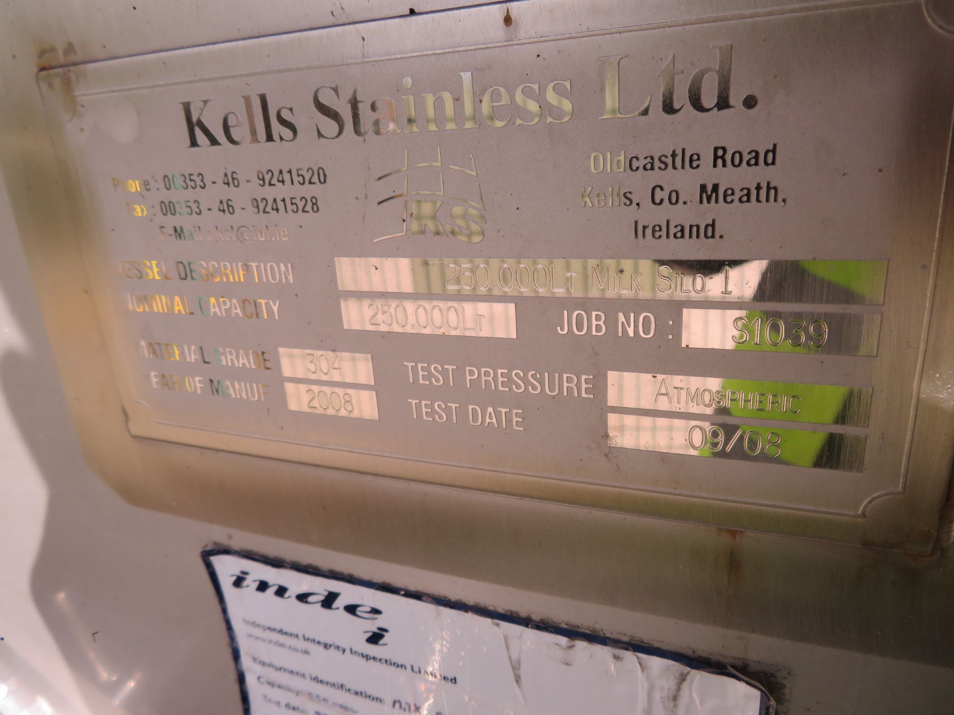 Kells Stainless Ltd 250,000 ltr SS Milk Silo No 1. - Image 3 of 6