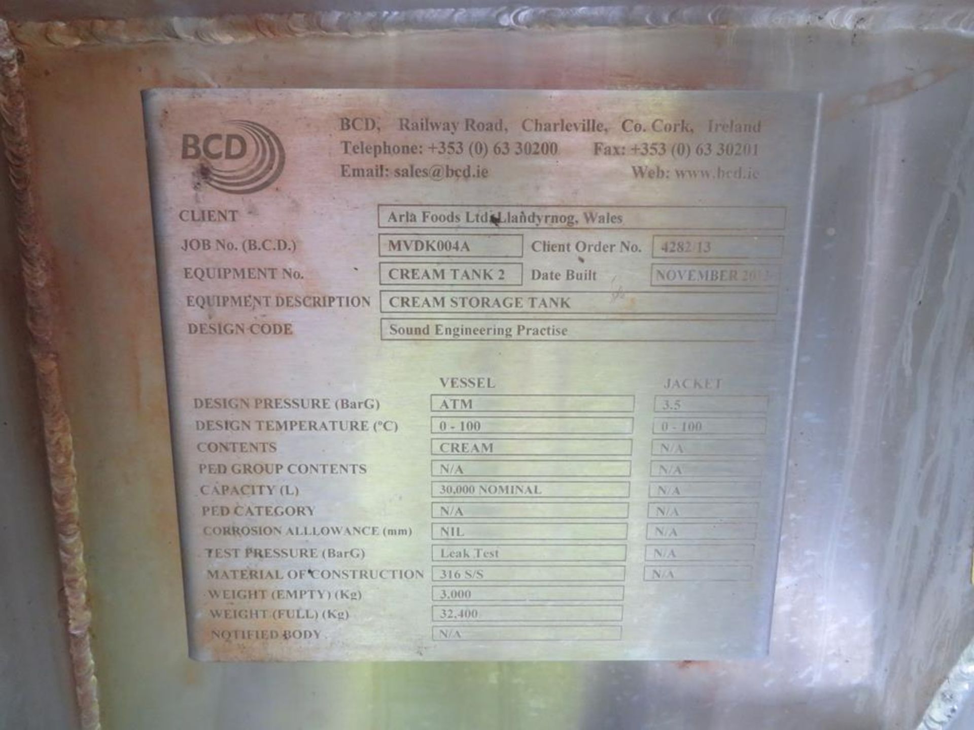 2013 BCD 30,000 litre stainless steel insulated an - Image 3 of 5