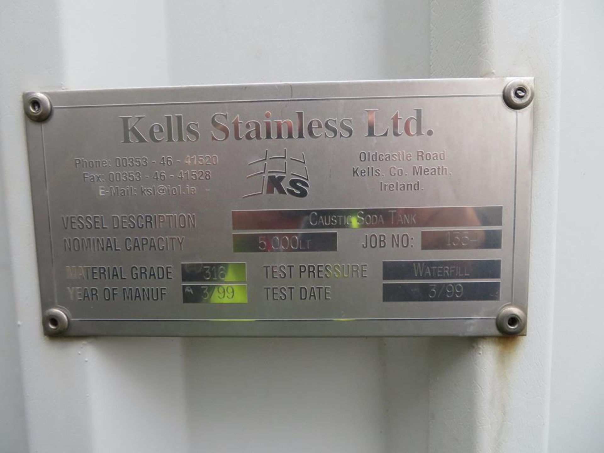 1999 Kells stainless steel 5,000 litre caustic sod - Image 3 of 4