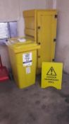 Yellow plastic bunded storage cabinet and contents