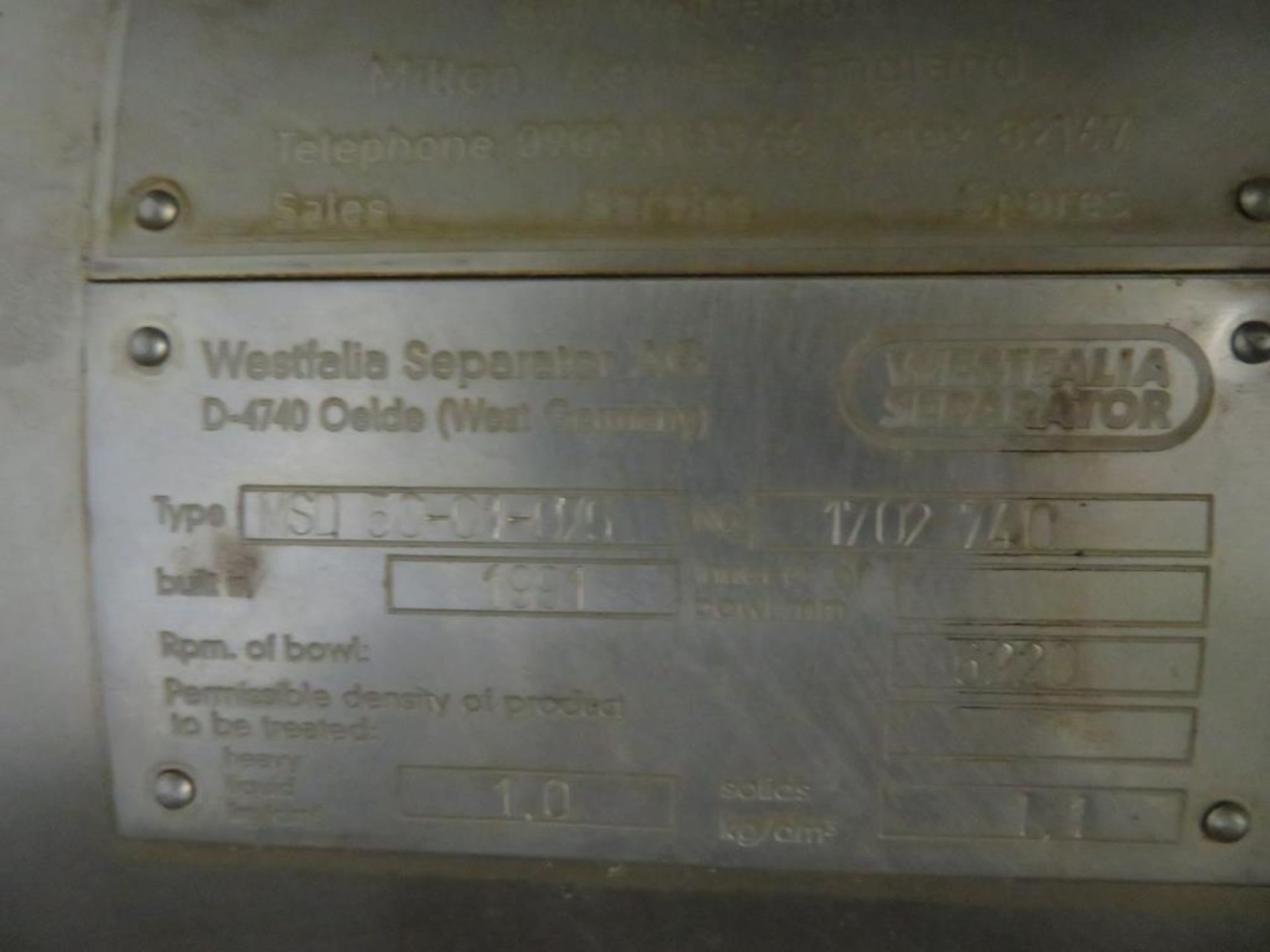 1991 Westfalia MSD 50-01-076 centrifugal separator - Image 2 of 10