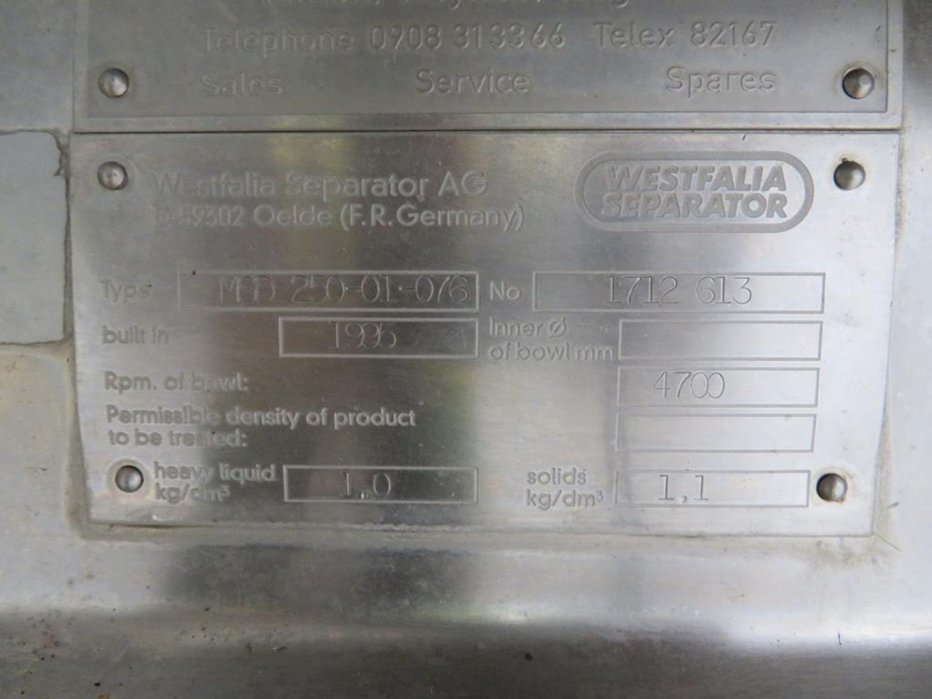 1995 Westfalia MSD 250-01-076 centrifugal separato - Image 2 of 11