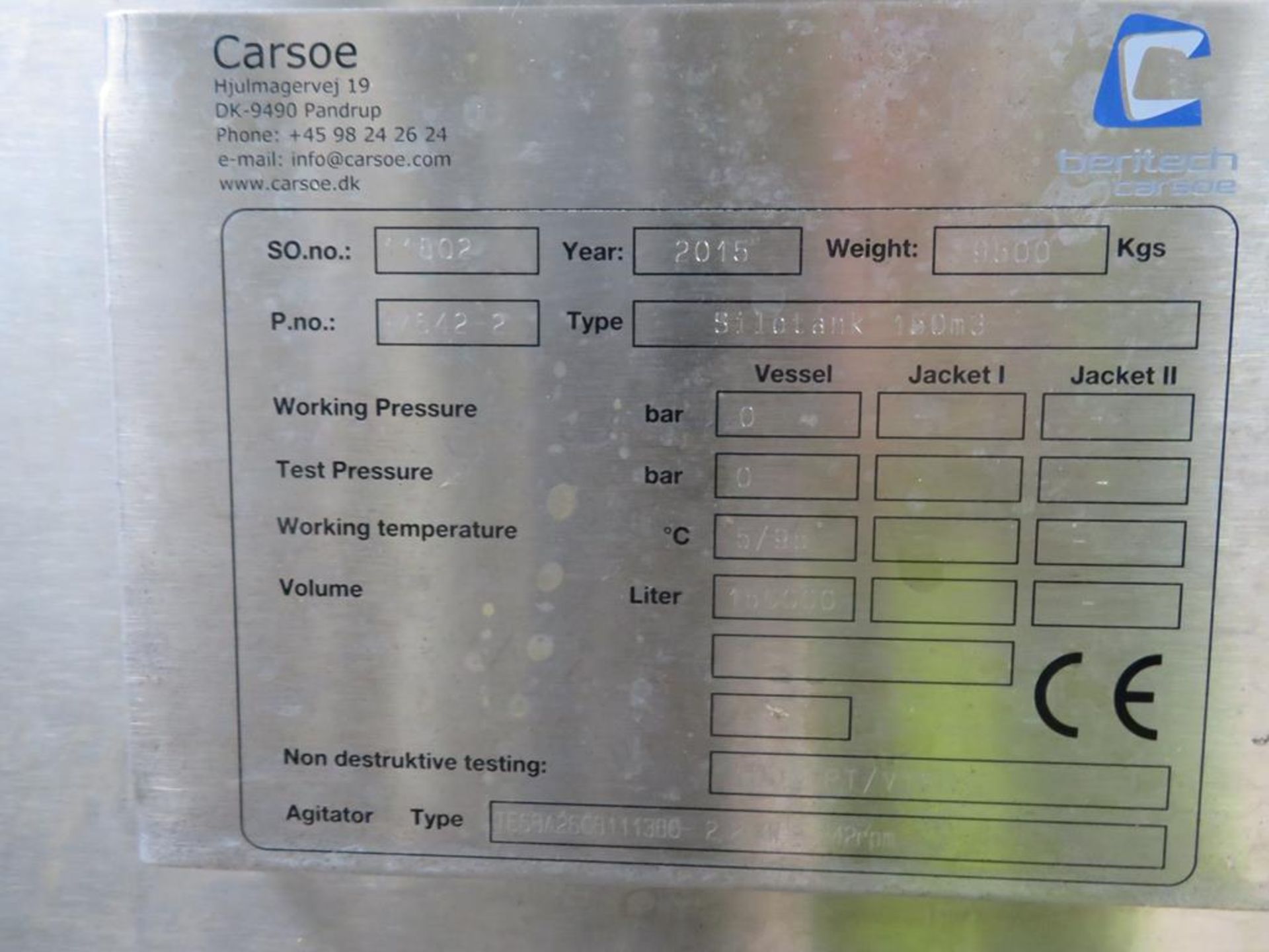 2015 Carsoe 150,000 litre stainless steel lagged a - Image 3 of 8