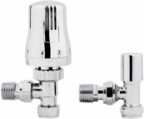 NEW & BOXED Chrome Thermostatic Control Angled Designer Radiator Valves Pair 15mm _" NEW. RRP £49.99