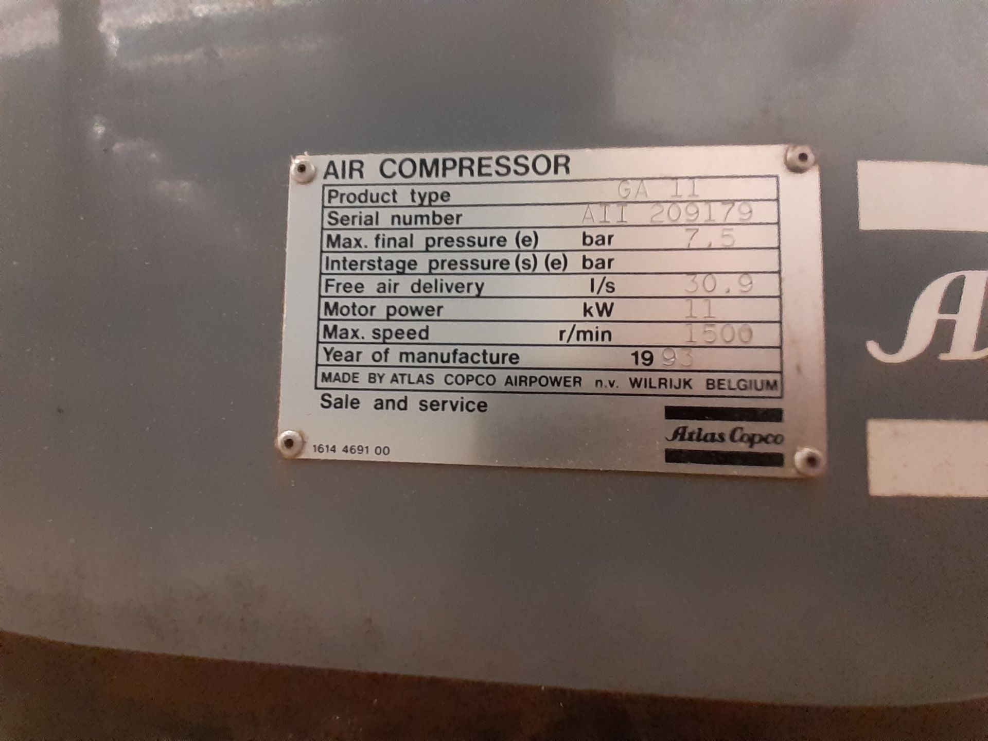 1993 Atla Copco GA11 Air Compressor with FD30 Air Dryer - Image 2 of 3