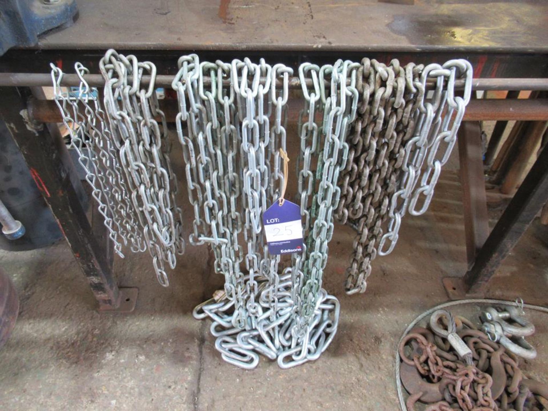 Qty of lifting tackle inc 4 leg chain Brothers (c 1.6m long), wire strops, large shackles and a qty